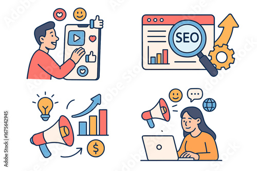 Social media marketing and SEO digital promotion illustration with cartoon characters, engagement icons, growth graphs, megaphone concept, online marketing strategy, transparent background
