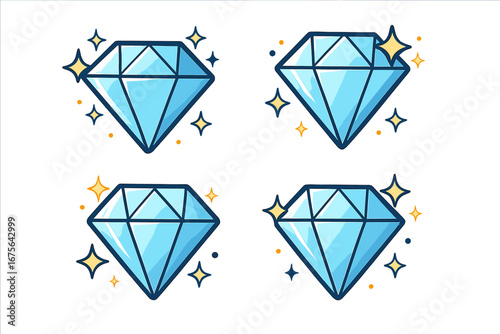 Sparkling crystal diamond vector illustration, bright shiny gemstone logo design, cartoon style sparkling gem icon set with transparent background, luxury and jewelry concept