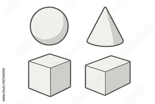 White Basic Geometric Shapes in Multiple Angle View, 3D Vector Illustration, Transparent Background, Includes Sphere, Cone, Cube, and Rectangular Prism, Simple Minimalist Design