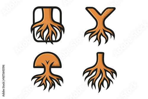 Set of tree root logo icons. Abstract graphic symbol collection for foundation, growth, or nature concepts. Modern vector illustration of plants, underground systems. Isolated design.