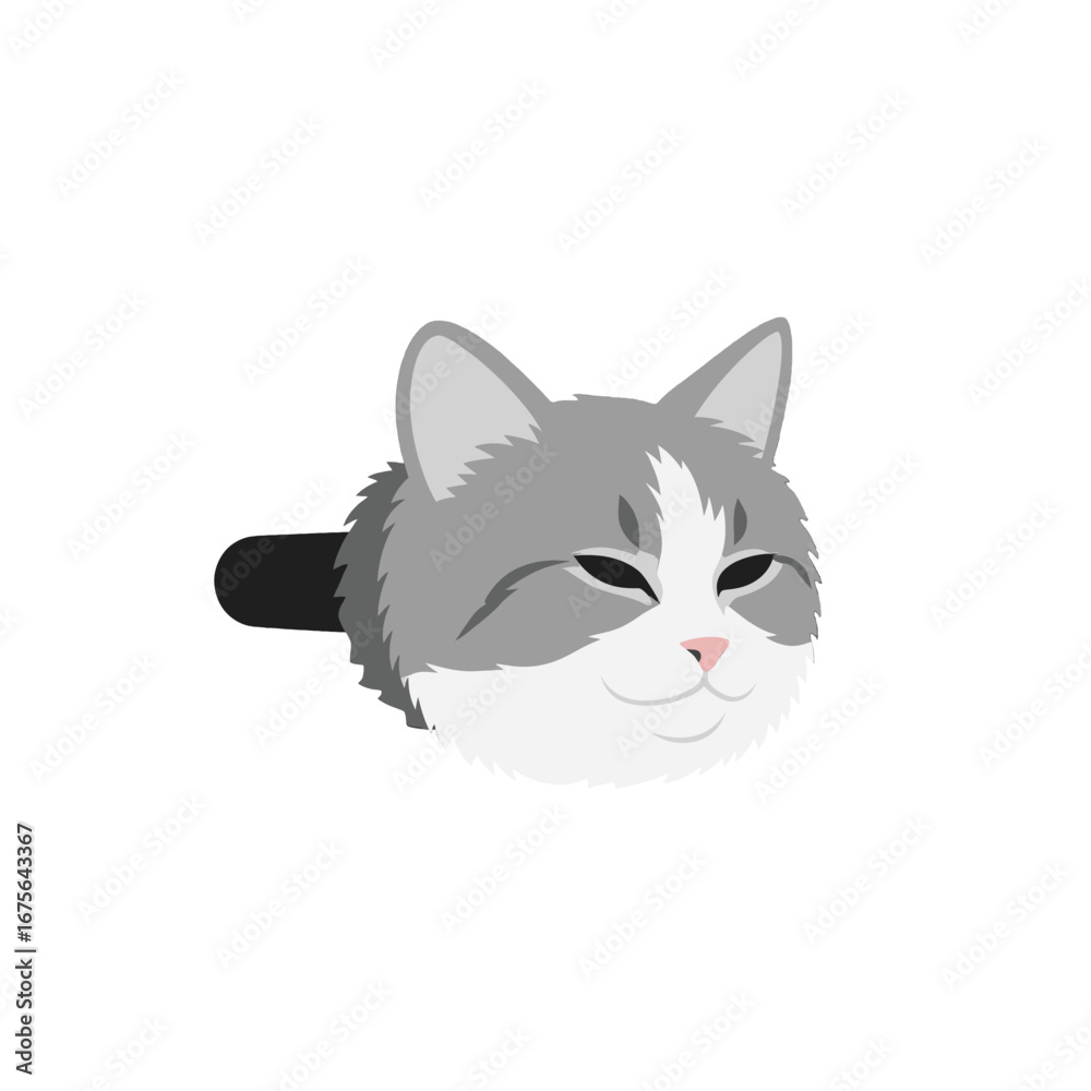 Obraz premium A cartoon gray and white cat's head, set against a stark black background, shows a serene and peaceful expression.