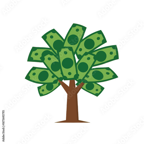 A stylized illustration of a tree whose leaves are depicted as money notes, conveying a concept of financial prosperity.