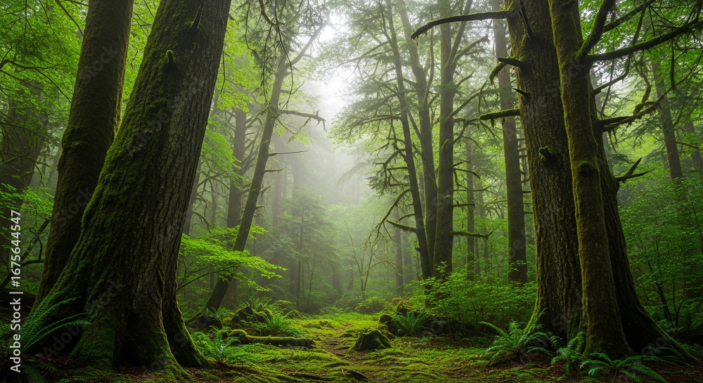 Naklejka premium Mystical ancient forest path bathed in ethereal light, evoking tranquility and adventure