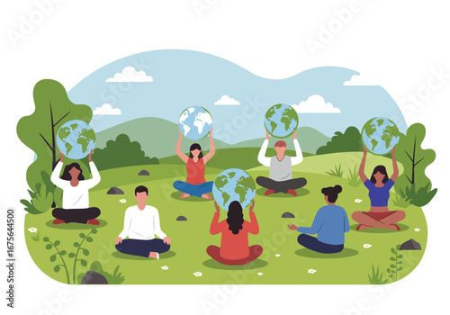 Climate Psychology Group of Diverse People Meditating and Protecting the Earth, Promoting Environmental Awareness and Sustainability