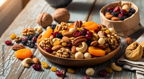 Assorted Nuts and Dried Fruits in Wooden Bowl on Table