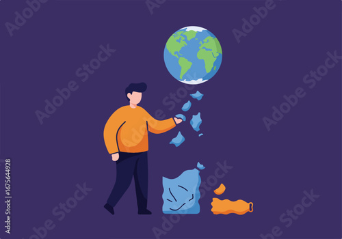 Exploring cognitive dissonance and apathy within climate psychology, a man carelessly discards pieces of planet Earth as trash