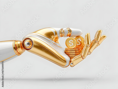 White and gold robotic arm gently holding a stack of shiny gold coins with dollar symbol embossed on top, representing the growing influence of artificial intelligence in finance and investment