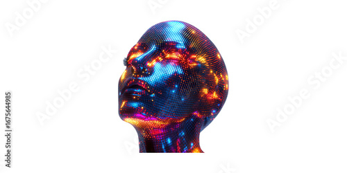Futuristic Digital Human Head With Neon Lights. Symbolizes Artificial Intelligence And Technology Innovation Isolated On Transparent Background