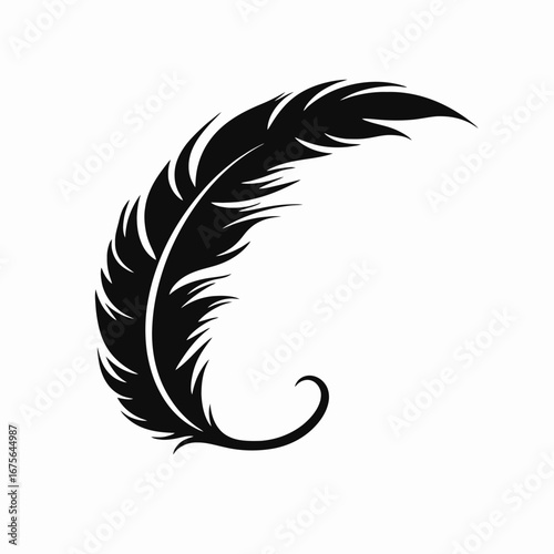 Graceful detailed feather illustration shown as an inky black silhouette