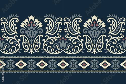 Ethnic floral embroidery ikat pattern with ornamental border design, traditional textile seamless style, decorative fabric illustration for clothing, fashion, wallpaper, wrapping and interior decor.