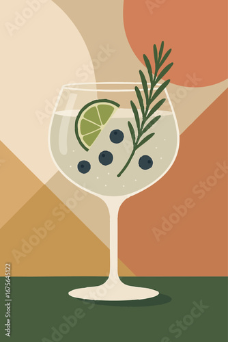Elegant Minimalist Vector of Gin and Tonic Cocktail with Lime, Rosemary, and Juniper Berries – Flat Design Illustration Featuring Stylish Glass and Abstract Geometric Background in Muted Earth Tones .
