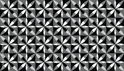 Seamless geometric pattern with abstract floral pinwheel shapes in black, white, and gray
