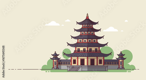 Elegant pagoda illustration, timeless symbol of cultural depth, subtly connects with climate psychology for heritage preservation and environmental mindfulness