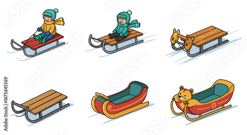 Collection of colorful cartoon sleds and toboggans for kids.