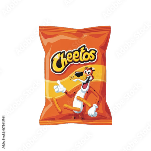 Vibrant orange bag of cheesy snack food displays a cartoon mascot, creating a cheerful and appetizing visual.