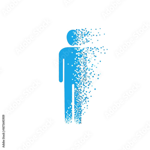A stylized illustration of a person figure dissolving into small, light-colored squares against a black backdrop.