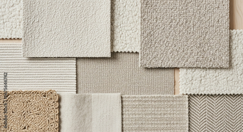 Fototapeta premium Diverse textures and neutral tones of fabric swatches arranged for interior design inspiration