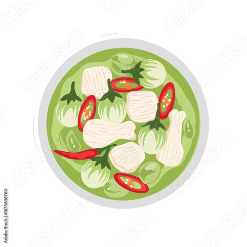 Top view of a vibrant green curry soup in a white bowl, showcasing various vegetables and proteins.