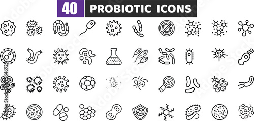 Probiotic Line Icons | Bacteria, Gut Flora, and Microbiome Vector Symbols
