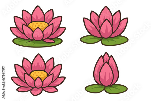 Set of pink lotus flowers. Water lily icon collection. Vector cartoon illustration of blooming stages, from bud to full blossom. Symbol for yoga, spa, wellness, meditation.