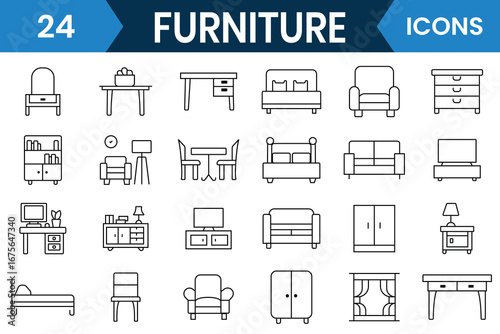 Furniture icon set. Modern Furniture line icon and home interior vector symbol such as chair, table, Stylish home decoration elements. Vector illustration.