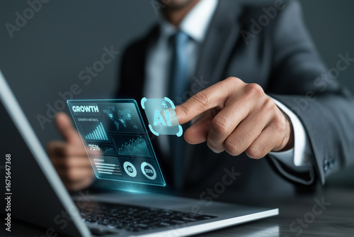 Businessman touching an ai button on a cutting edge virtual screen, analyzing growth metrics, charts, and data to drive business intelligence and strategic decision making