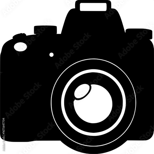 Flat icon-style black silhouette of a digital camera, frontal view, large lens in the center, rectangular body, pure white background, no extra details or distractions.