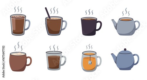 Collection of steaming hot beverages in various cups and teapots.