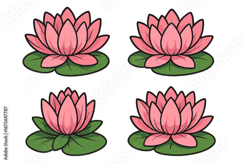Set of four pink lotus flower vector illustrations on lily pads. Cartoon water lily icon collection. For spa, yoga, wellness concepts. Symbol of purity, zen, harmony, beauty.