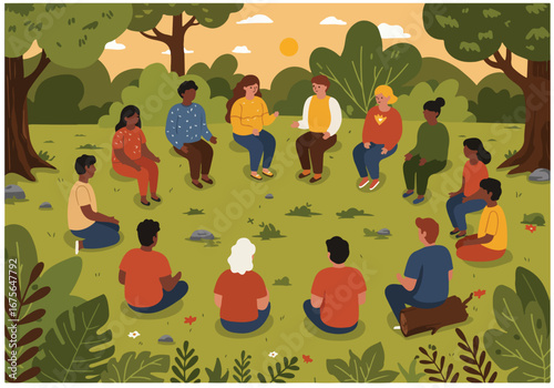 Group therapy session outdoors focusing on climate psychology. Diverse people discuss environmental anxiety in a supportive natural setting