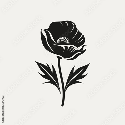 Elegant poppy floral drawing in black and white minimalist silhouette