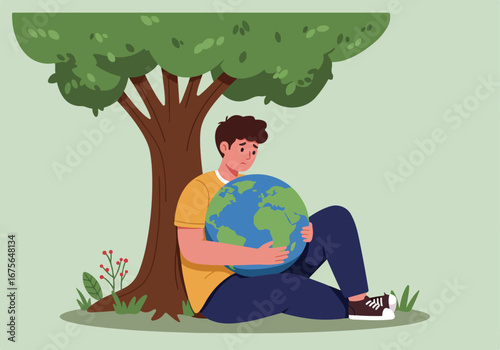 A compassionate young man embraces the globe, a powerful visual concept for environmental awareness, global warming concerns, and climate psychology