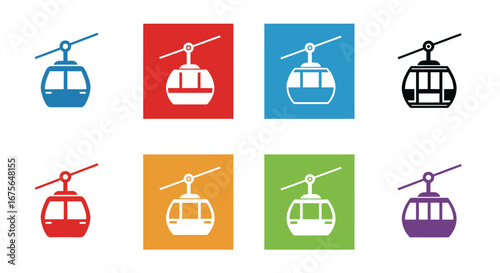 Colorful Cable Car and Gondola Icons Set for Transport and Travel.