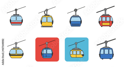 Colorful cable car collection for travel and transportation design projects.