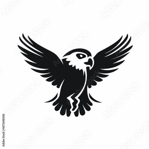 Majestic bird wings spread open, a stylized falcon soaring proudly in silhouette
