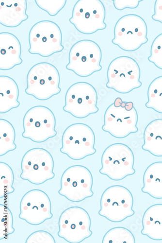 Cute bubble ghost seamless pattern with kawaii faces