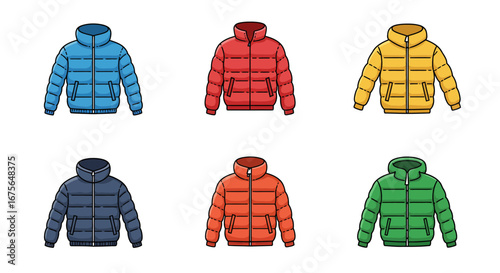Colorful Puffer Jackets Collection Winter Outerwear Apparel Illustration Set.