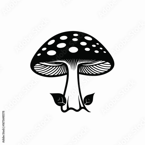 Spotted mushroom fungus with leaves graphic, beautiful nature silhouette.