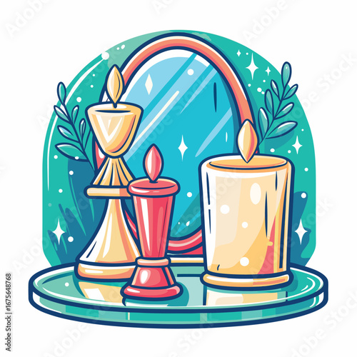 Candles, mirror, plants