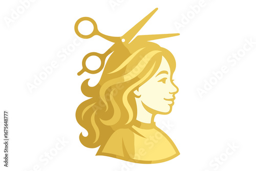 Golden woman silhouette with scissors for hair salon logo. Beauty parlor icon. Hairdresser, hairstylist & barbershop concept. Elegant vector illustration for female haircut & style.