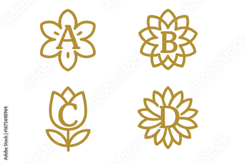 Elegant floral alphabet logo collection. Golden line art flower initials A, B, C, D. Luxury monogram icon set for beauty, spa, boutique branding. Vector graphic identity.