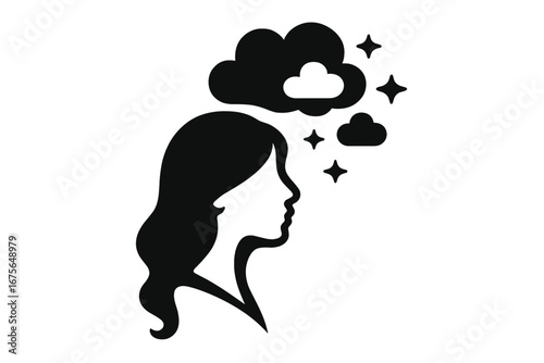 Woman head silhouette thinking dream concept. Psychology, mental health idea. Female profile with clouds and stars in mind. Imagination, creativity, inspiration vector logo icon.