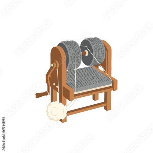 A detailed illustration of a historical wooden textile machine, showing its components and process.
