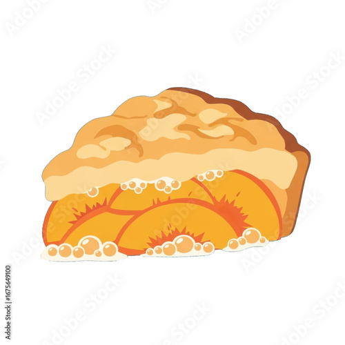 A slice of peach pie, with a flaky crust and juicy peach filling, is beautifully displayed against a striking black background.