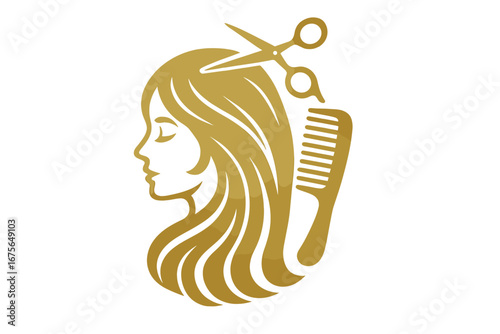 Golden beauty salon logo. Woman head silhouette with long hair. Hairdresser vector icon with scissors & comb. Luxury glamour logotype. Concept for hairstyle, haircut, spa, fashion.