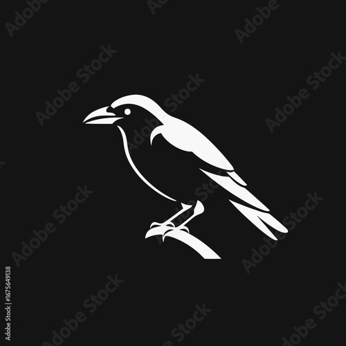 Elegant raven vector perched on branch, minimalist bird illustration silhouette