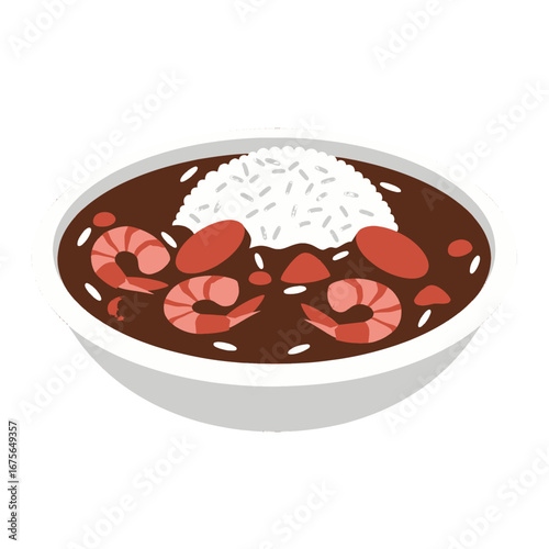 A bowl of flavorful gumbo, featuring shrimp, rice, and sausage, presented in a detailed, illustrated style.