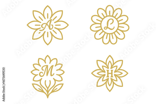Luxury floral letter logo collection. Feminine monograms with initials A, L, M, H. Elegant line art for beauty brand, cosmetics, spa, or wedding invitation. Vector icons.