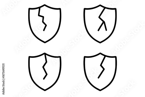 Broken shield line icon set. Security vulnerability concept. Unprotected symbol. Data breach pictogram. Cyber attack, danger, risk, error, weak defense. Vector illustration.