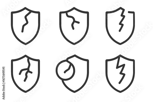 Set of broken shield line icons. Concept of vulnerability, risk, data breach, and failed security. Damaged defense pictogram. Unprotected, weak, no safety symbol. Vector icons.